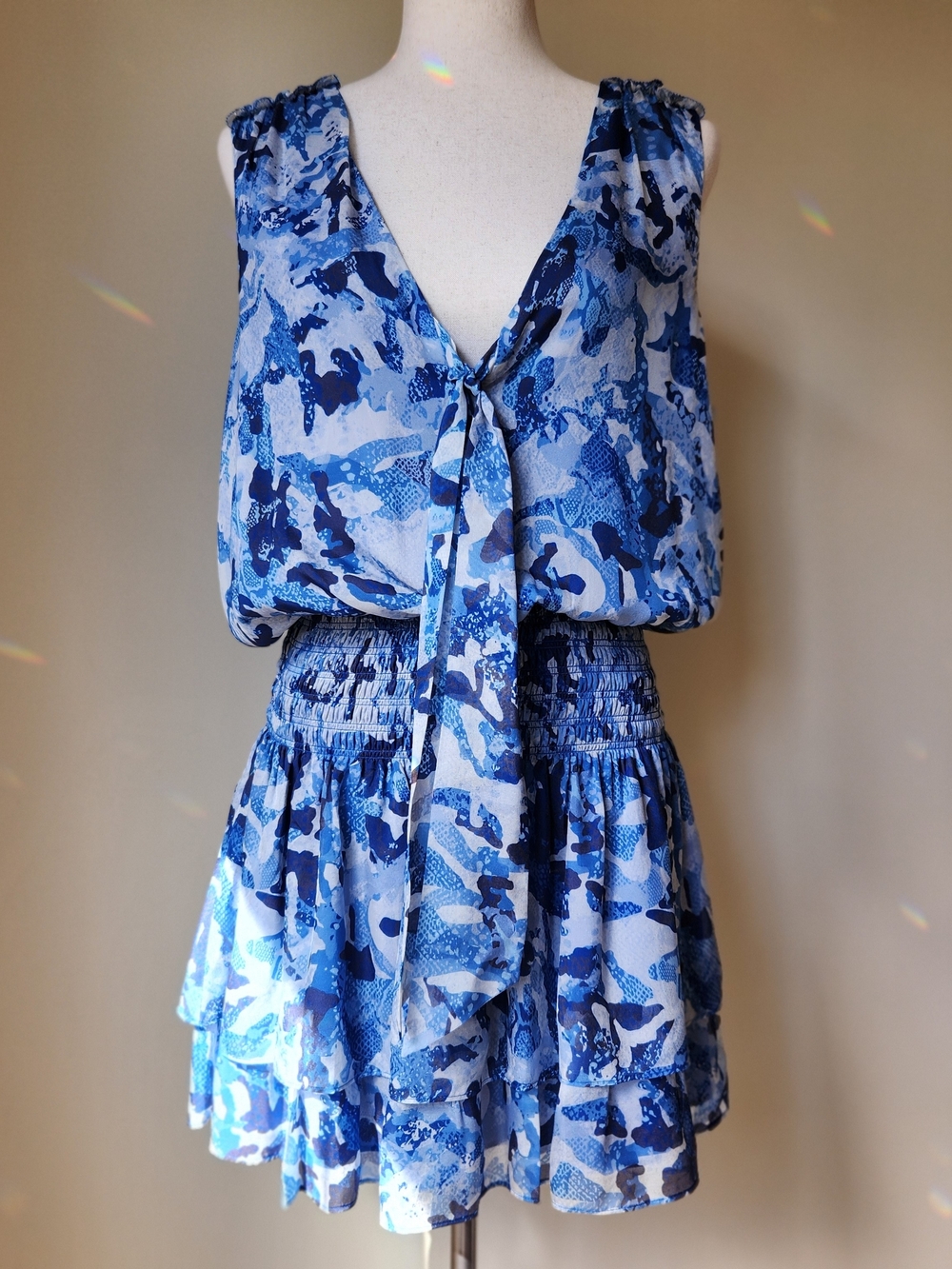 Ramy Brook 100% Silk Smocked Drop Waist Mini Dress Blue Patterned Womens Large